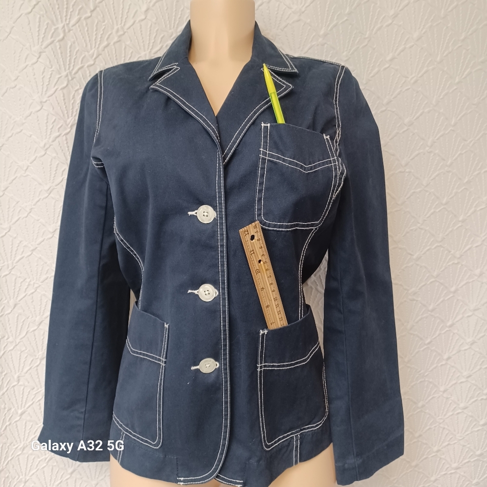 Isaac Mizrahi Women Size M Dark Blue Blazer Jackets with Contrast Stitching - Picture 6 of 12